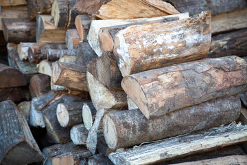 There is a pile of logs that are meticulously stacked on top of each other