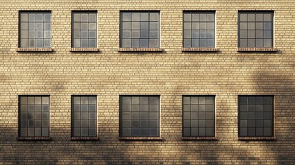 Fototapeta premium Beige brick facade with dark rectangular windows creating a modern architectural background texture for design projects