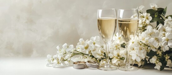 Elegant wedding bouquet of white flowers with champagne glasses and rings against a soft background perfect for invitations and celebration themes