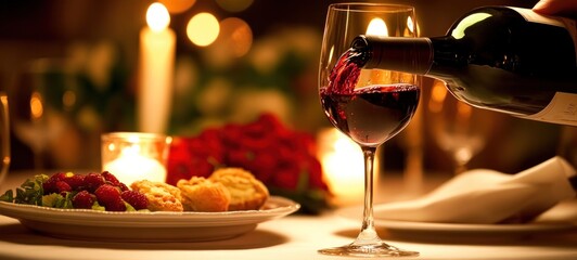 Romantic Dinner: Red Wine Pouring into a Glass, Candles, and Delicious Food