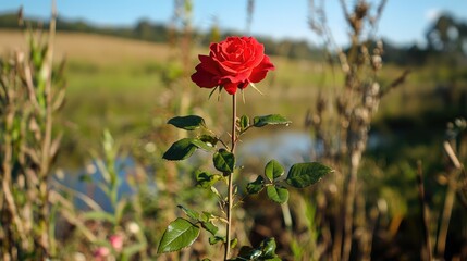 Solitary Red Rose Amidst Nature's Beauty in a Scenic Landscape