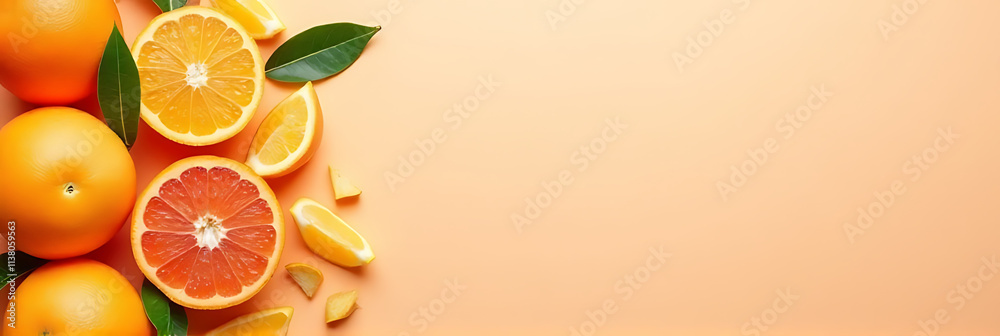 Poster colorful orange fruits are arranged on a soft pastel background in a visually appealing composition 