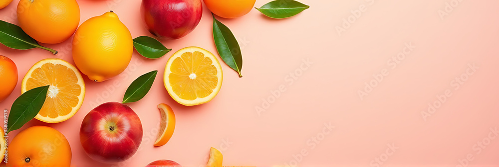 Poster colorful orange fruits are arranged on a soft pastel background in a visually appealing composition 