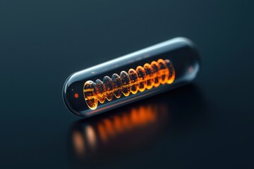 Closeup of a glowing genetic strand in a test tube science laboratory photography dark environment macro view biotechnology exploration
