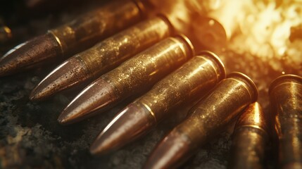 Detailed close-up of 9mm ammunition cartridges arranged on a dark surface with warm lighting highlighting their metallic finish