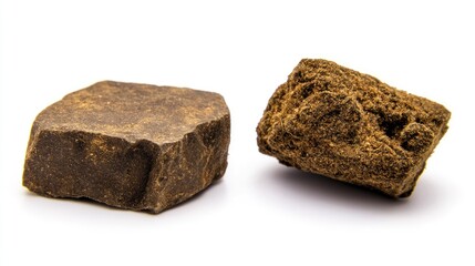 Obraz premium Hashish pieces of 10 grams and 20 grams isolated on white background illustrating retail unit quantities for cannabis products
