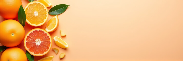 Colorful orange fruits are arranged on a soft pastel background in a visually appealing composition that conveys healthy eating concepts._00003_