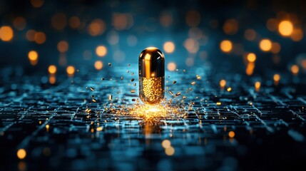 Closeup of a glowing nanotech capsule breaking apart laboratory setting digital art futuristic environment high angle view innovation concept