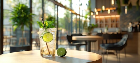 Refreshing Lime and Mint Iced Tea in a Modern Cafe
