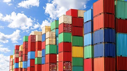 Fototapeta premium Colorful Cargo Containers Stacked at Port under Blue Sky and Clouds