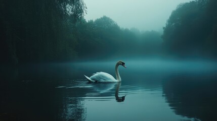 Fototapeta premium Elegant white swan gliding through misty river waters surrounded by lush greenery in a serene natural landscape