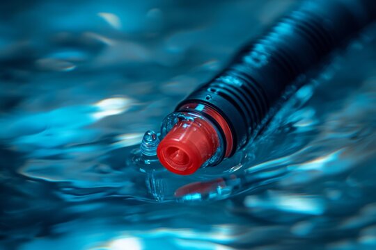A vibrant close-up of a black and red object submerged in clear water. The contrast between colors captivates the eye. Ideal for artistic and creative applications. Generative AI