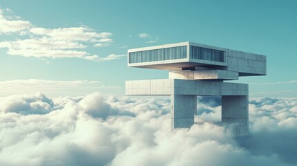 Futuristic architectural design of a modern building amidst a serene cloudy sky landscape showcasing innovation and creativity.
