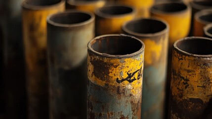 Close-up of weathered metal steel tube profiles showcasing texture and rust in an industrial setting.