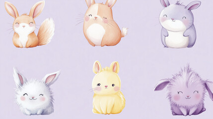 Fototapeta premium Cartoon animals in pastel colors, each with a playful expression, set against a light background.