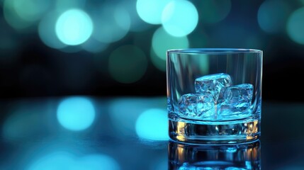 Luxury cocktail glass with ice cubes on a reflective surface against a vibrant blue bokeh background for a sophisticated ambiance.