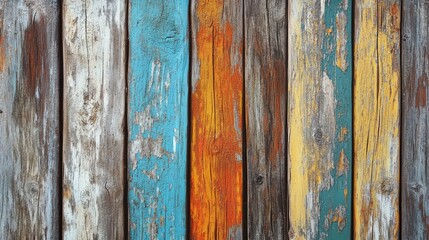 Naklejka premium Abstract texture of weathered wooden planks with vibrant colors showcasing the beauty of aging and natural imperfections