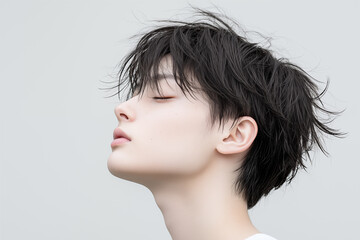 young Japanese person with spiky black hair and closed eyes in profile