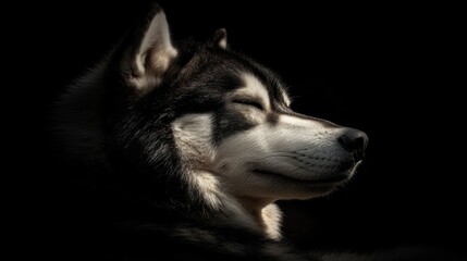 Fototapeta premium Alaskan Malamute dog resting peacefully with closed eyes captured on a dark isolated background in a studio setting