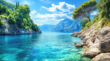 Obraz premium Scenic Azure Waters Surrounded by Lush Greenery and Majestic Mountains Under a Bright Blue Sky