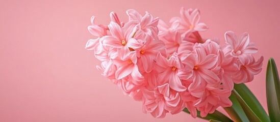 Fototapeta premium Delicate pink hyacinth flowers gracefully arranged against a soft pastel pink background for a serene and elegant floral composition