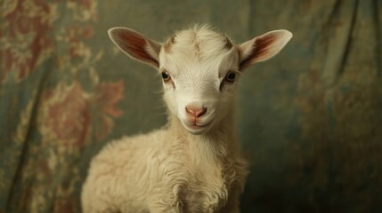 Obraz premium Cute baby goat portrait with soft fur and playful expression against a vintage backdrop showcasing innocence and charm in farm life.