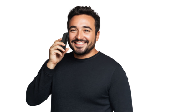 Portrait of pleased handsome man using mobile phone isolated over PNG