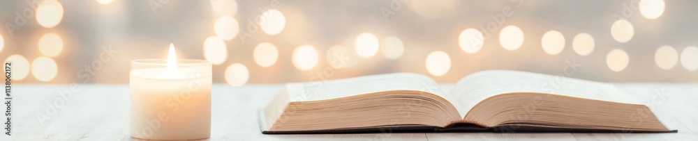 Poster warm candlelit ambiance open book with flickering background bokeh