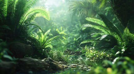 Obraz premium Lush Green Tropical Ferns in Serene Forest Landscape with Soft Natural Lighting
