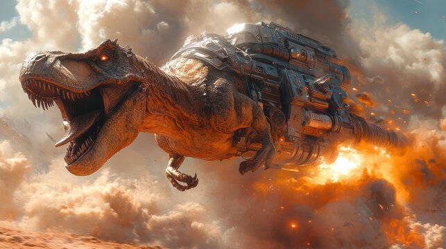 Robotic T-Rex dinosaur flying through fiery desert landscape.