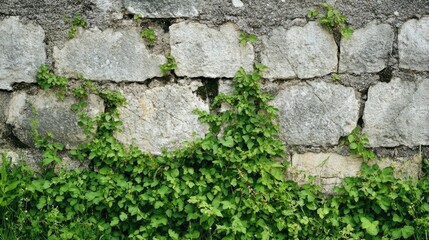 Stone wall covered with green ivy creating a natural texture background for design projects or environmental themes.
