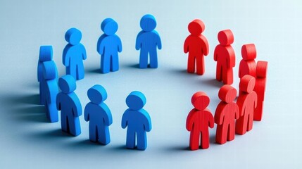 Colorful wooden figures in a circle representing teamwork, collaboration, and diversity in a business environment.