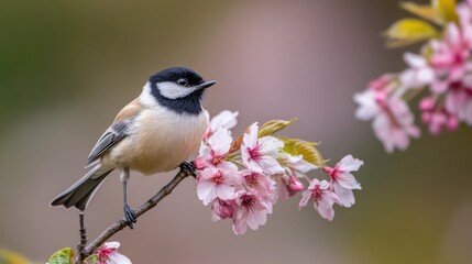 Obraz premium Bird perched on cherry blossom branch with delicate pink flowers in a serene natural setting showcasing spring beauty and harmony.