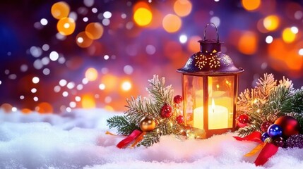 A beautiful lantern glowing amid softly falling snow, surrounded by festive decorations and bright bokeh lights.