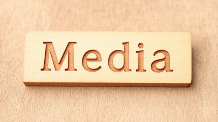 Obraz premium A wooden block engraved with the word Media, symbolizing communication, information, and modern technology.
