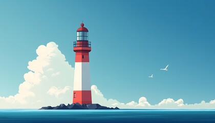 An illustration of a red and white lighthouse isolated on a small rocky island