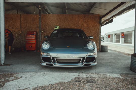 Silver Porsche 911 997. Track Day. Montevideo, Uruguay
