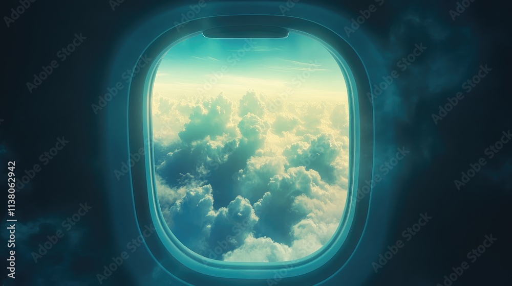 Wall mural serene airplane window view with natural light illuminating soft clouds in the sky