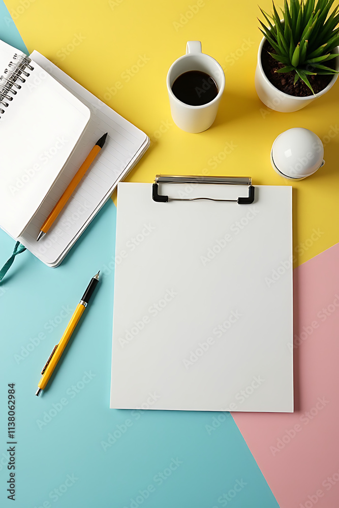 Poster business equipment is arranged in a flat lay composition against a colorful worktable background to 