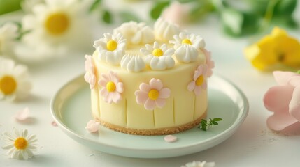 Spring-themed bento cake adorned with cream daisies and pastel decorations on a light background ideal for intimate celebrations