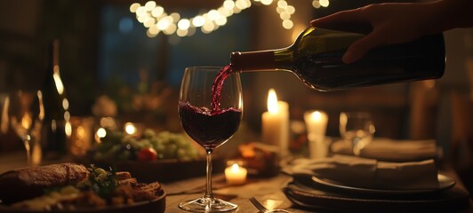 Romantic Dinner: Red Wine Pouring into Glass at Candlelit Table