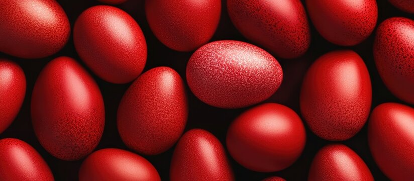 Vibrant collection of red Easter eggs arranged neatly on a dark background for festive celebrations and springtime decor concepts