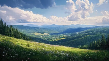 Fototapeta premium Scenic panoramic view from mountain pass showcasing lush green valleys and dramatic sky with clouds
