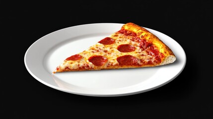 Slice of pepperoni pizza on a white plate set against a dark black background delicious food photography for menu or culinary designs