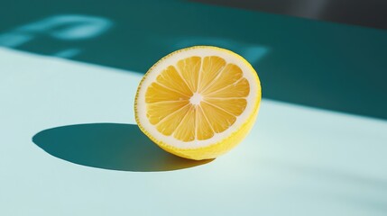 Freshly sliced yellow lemon showcasing juicy segments on a pastel blue surface with soft shadows highlighting its vibrant color.