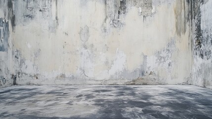 Obraz premium Textured empty wall and floor in urban setting with peeling paint and weathered surfaces for background or interior design concepts