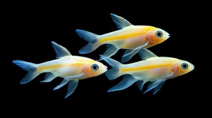 Fototapeta premium Albino lemon tetras swimming gracefully in a freshwater aquarium setting showcasing vibrant colors and unique transparency against a dark background