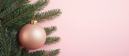 Elegant Christmas ornament and fir branches on soft pink backdrop, perfect for seasonal beauty and holiday-themed promotions.