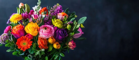 Obraz premium Vibrant flower bouquet showcasing a variety of colors and textures against a dark background with selective focus on floral details.