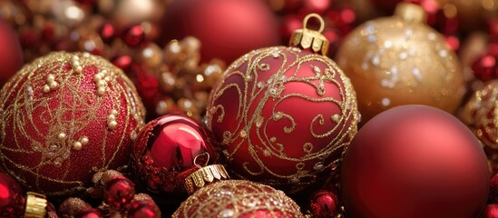 Traditional red and golden Christmas ornaments beautifully arranged for festive holiday decoration